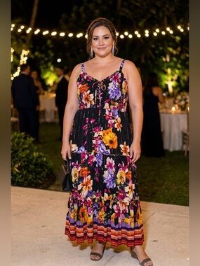 Magic Floral Tiered Maxi Dress in Black, Yellow, Purple, Pink